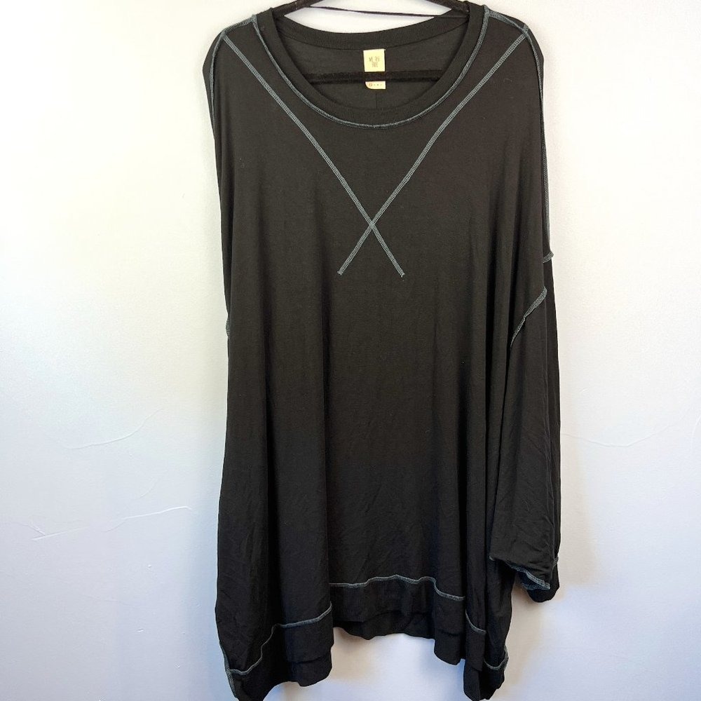 Free People‎ Oversized Black Tee Slouchy Pullover Bat Wing Contrast Seams SZ XS